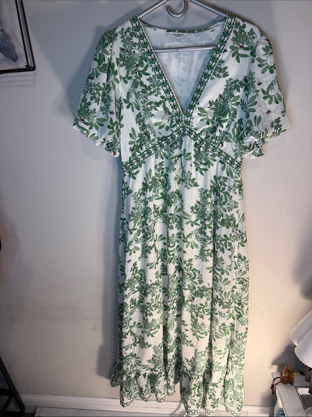 Max Studio White Maxi Dress with Green Floral Print